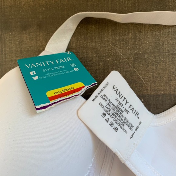Vanity Fair 38C 76382 Padded, Back Smoother, Underwire, Full Bra, White Lace NEW - Picture 2 of 7